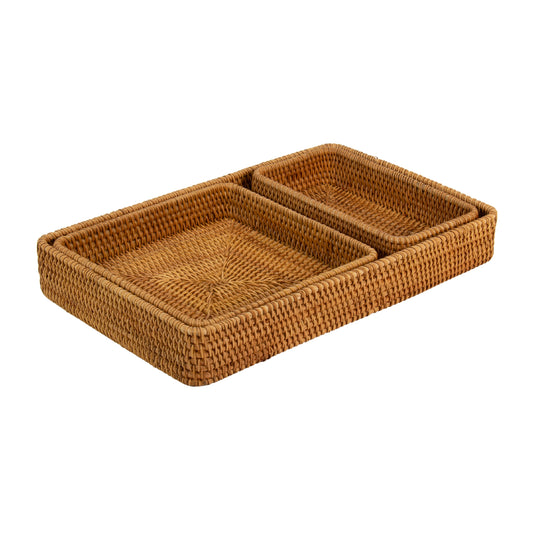 Natural Rattan Cane Handicraft 3 Piece Box Tray Set Brown Colour 2