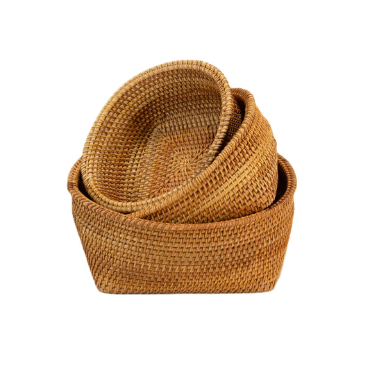 Natural Rattan Cane Handicraft 3 Piece Round Basket Set Brown Colour 2