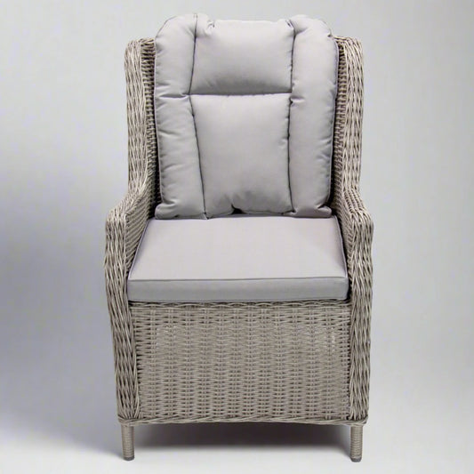 Grey white outdoor poly rattan wicker dining chair with padded cushions