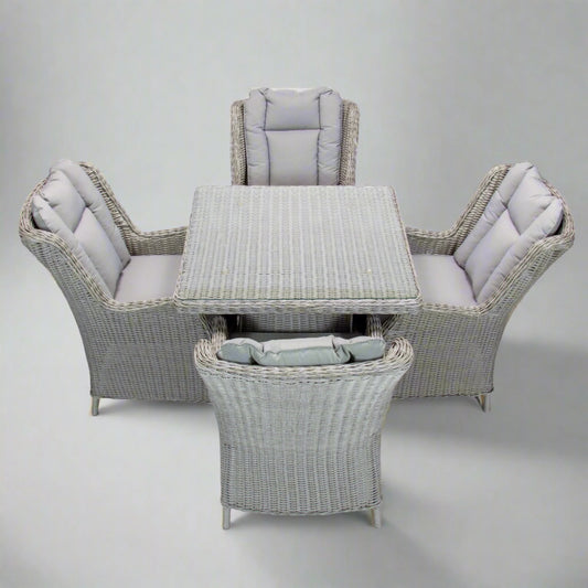 Grey outdoor poly rattan wicker dining set with four cushioned chairs and square table