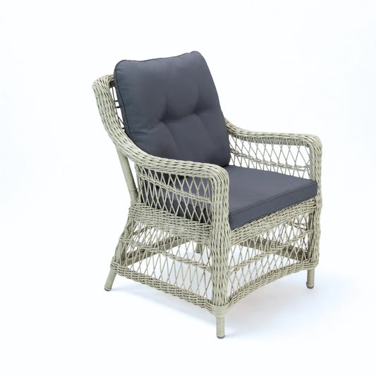 Outdoor white grey poly rattan wicker dining chair with dark seat and back cushions