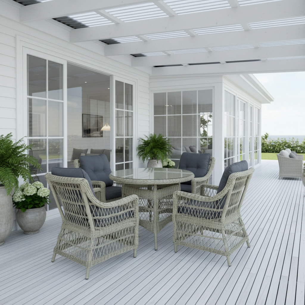 AMOIR | 4 Seater Poly Rattan Wicker Outdoor Dining Set | Brushed White