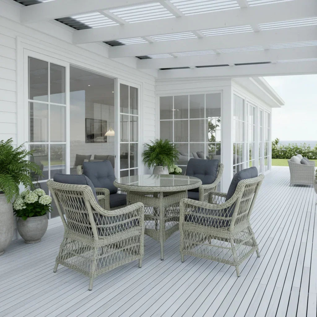 Outdoor poly rattan wicker dining set with four cushioned chairs and glass table on a white patio