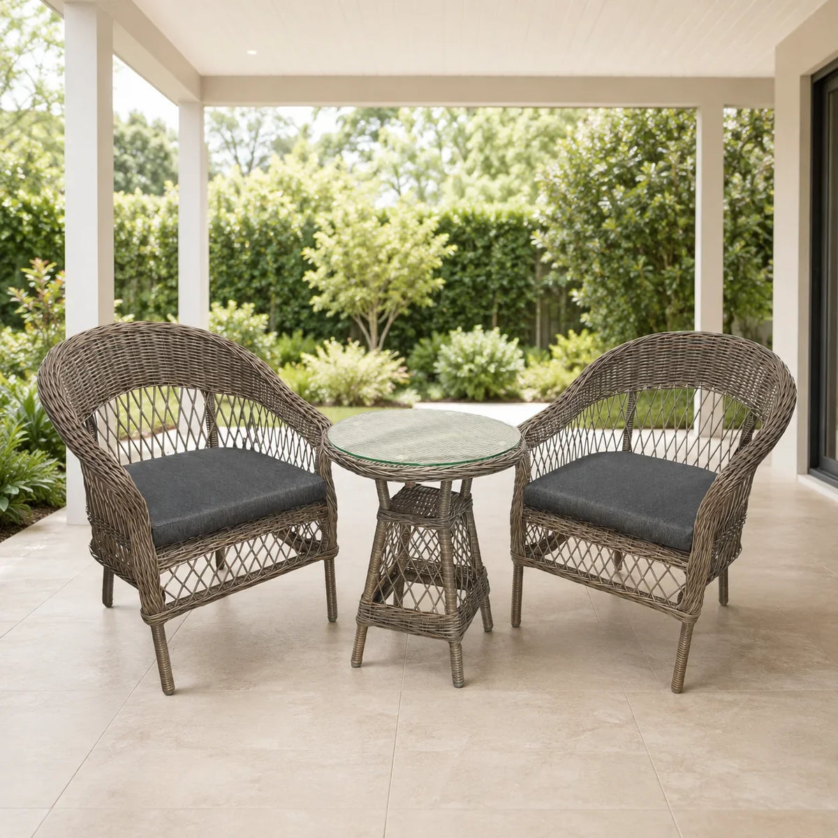 Outdoor wicker dining setting for balcony or bistro garden 2 dining chair and 1 table brown grey with round side table hampton style