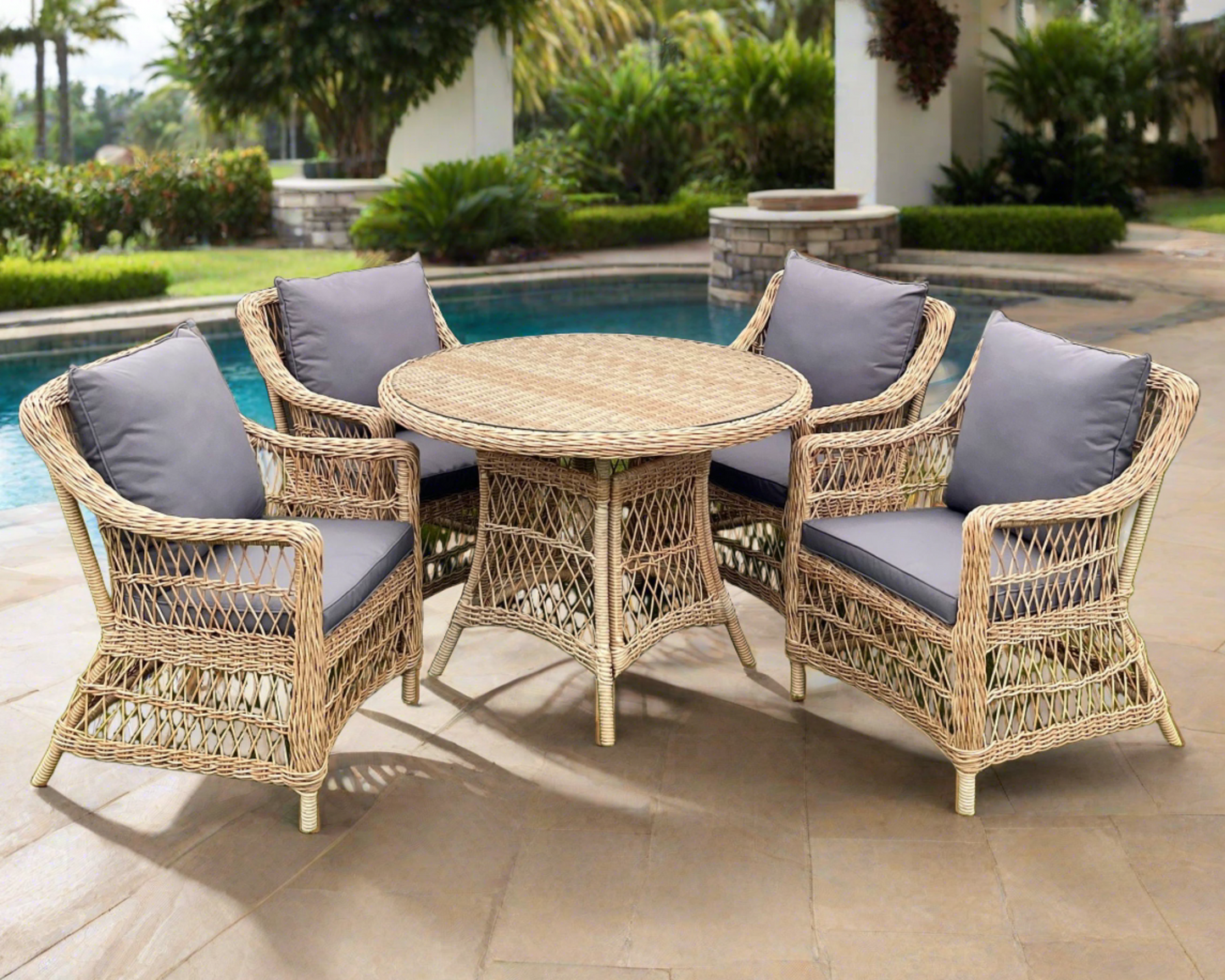 AMOIR 5-Piece Set Outdoor Wicker 4 Seat Dining Table Chair - Light Brown