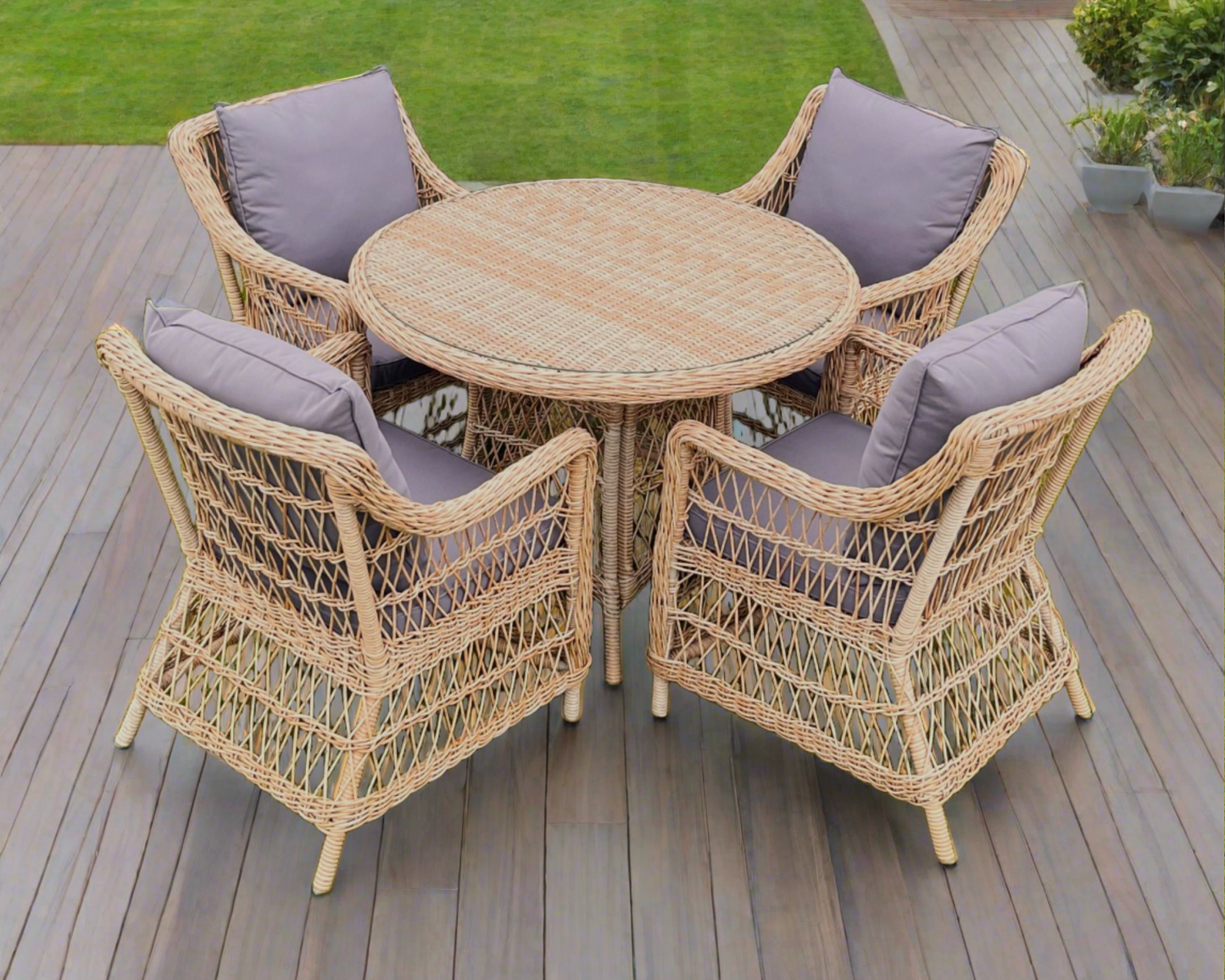 AMOIR 5-Piece Set Outdoor Wicker 4 Seat Dining Table Chair - Light Brown