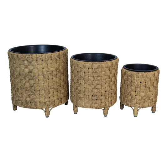 BONEO 3 Piece Set Poly Rattan Wicker Planter Pot - Natural Brown 2