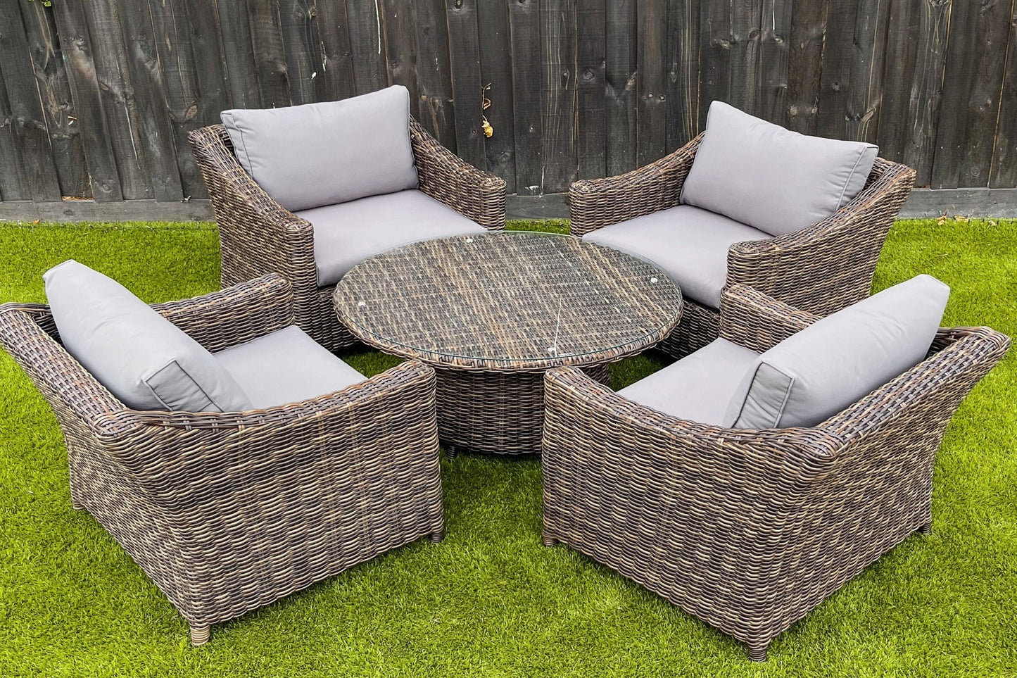 ESTELL 5-Piece Set Poly Rattan Wicker Outdoor Armchairs Coffee Table - Dark Brown - Direct Factory Furniture Australia