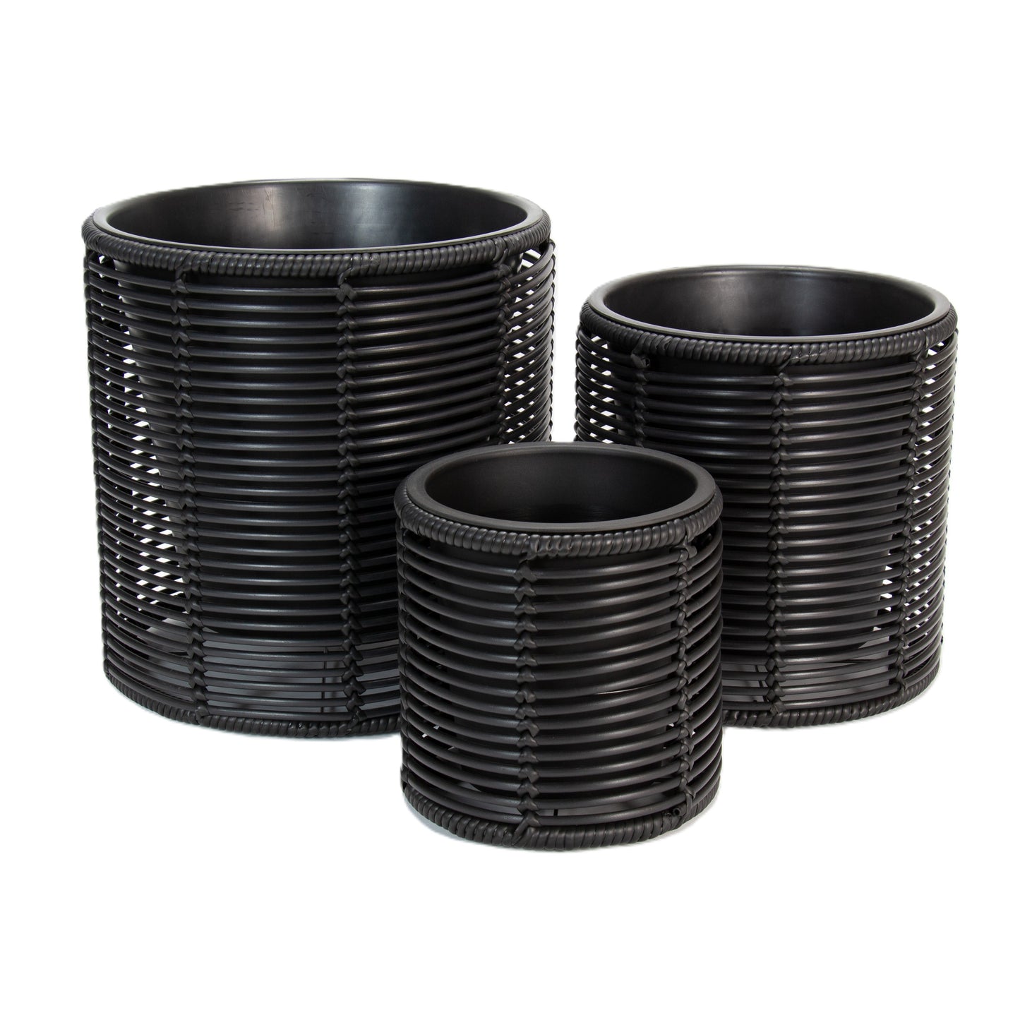 FINGAL 3 Piece Set Poly Rattan Wicker Planter Pot - Black