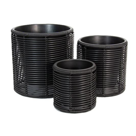 FINGAL 3 Piece Set Poly Rattan Wicker Planter Pot - Black 1