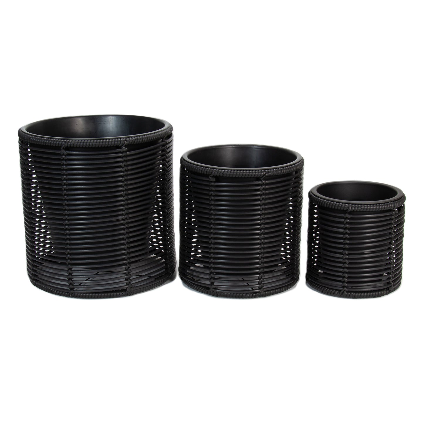FINGAL 3 Piece Set Poly Rattan Wicker Planter Pot - Black