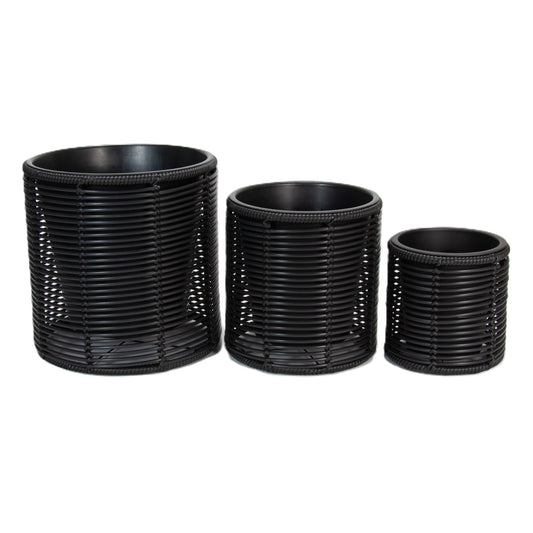 FINGAL 3 Piece Set Poly Rattan Wicker Planter Pot - Black 2