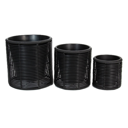 FINGAL 3 Piece Set Poly Rattan Wicker Planter Pot - Black 2
