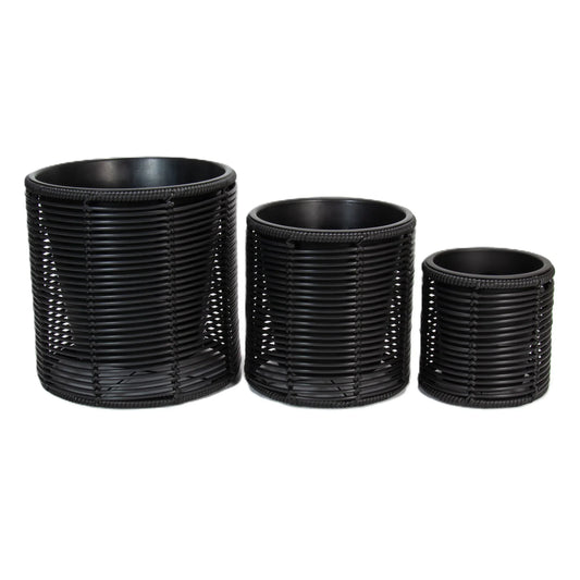 FINGAL 3 Piece Set Poly Rattan Wicker Planter Pot - Black 2