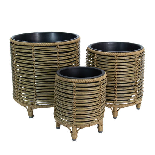FINGAL 3 Piece Set Poly Rattan Wicker Planter Pot - Natural Brown 1