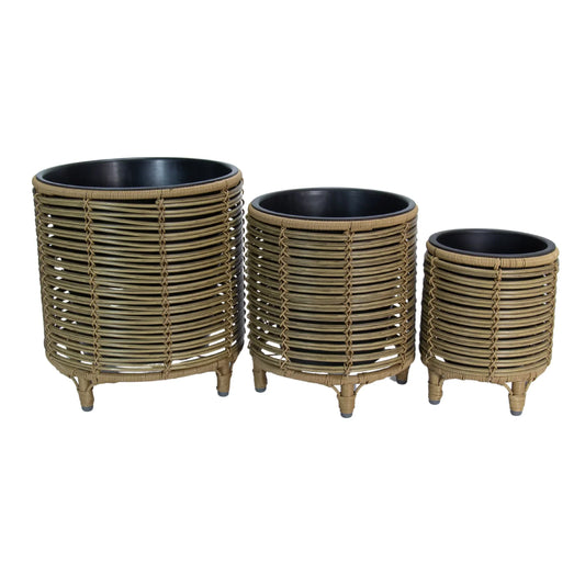 FINGAL 3 Piece Set Poly Rattan Wicker Planter Pot - Natural Brown 2