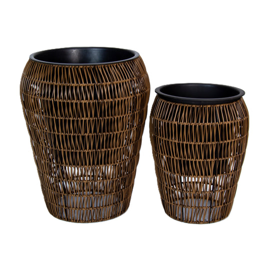 FLINDERS 2 Piece Set Poly Rattan Wicker Planter Pot - Dark Brown 1