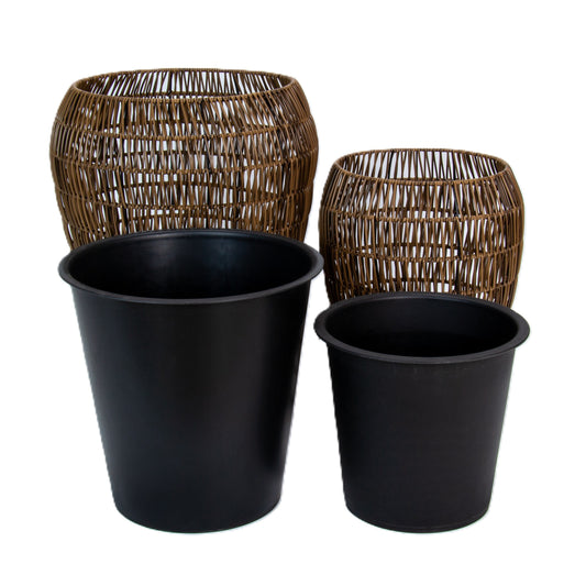 FLINDERS 2 Piece Set Poly Rattan Wicker Planter Pot - Dark Brown 2