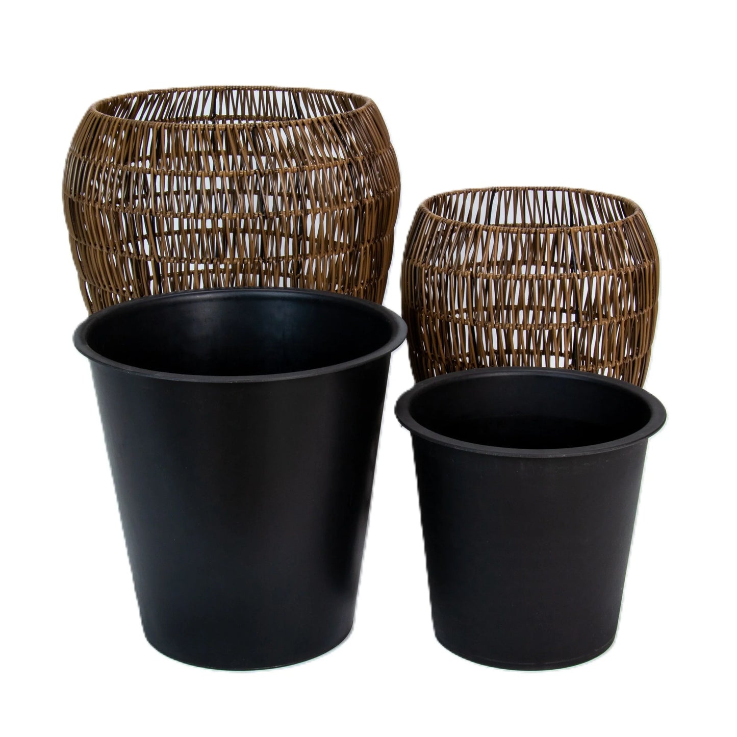 FLINDERS 2 Piece Set Poly Rattan Wicker Planter Pot - Dark Brown 2
