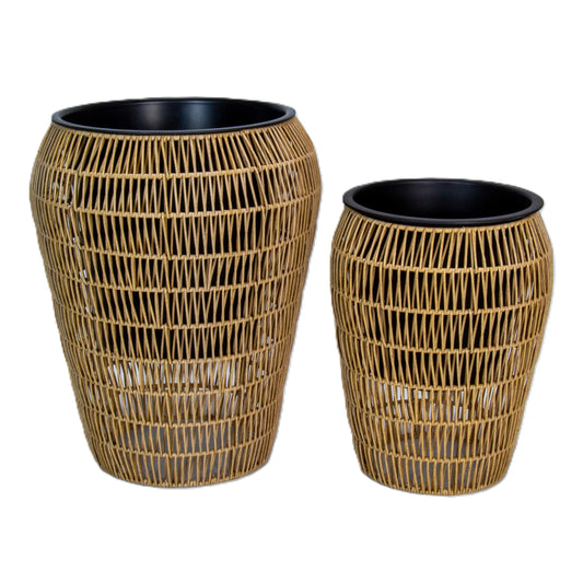 FLINDERS 2 Piece Set Poly Rattan Wicker Planter Pot - Light Brown 1