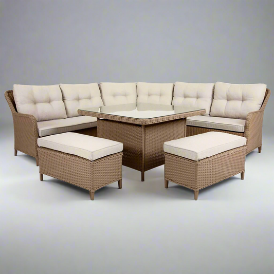 Outdoor 8 seater beige corner patio furniture lounge dining set with a sofa and glass table 1