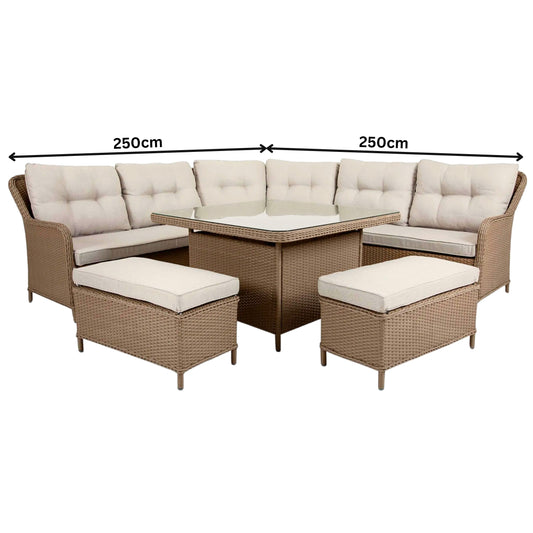 Outdoor 8 seater beige corner patio furniture lounge dining set with a sofa and glass table 2
