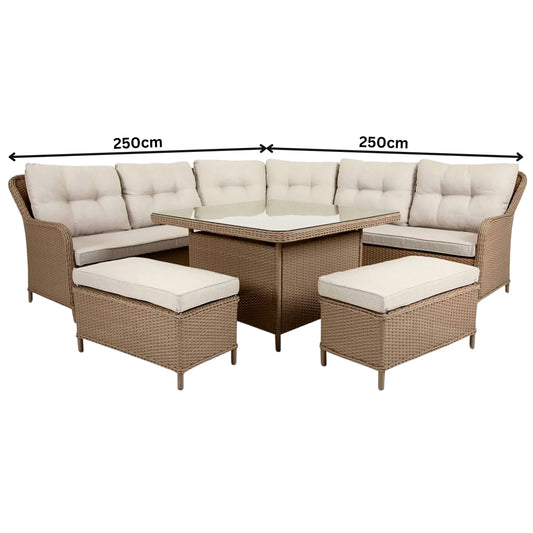 Outdoor 8 seater beige corner patio furniture lounge dining set with a sofa and glass table 2