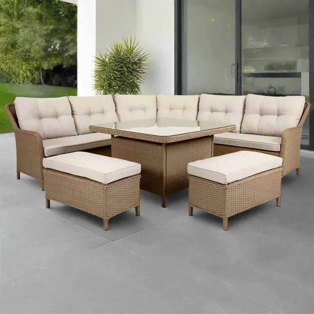 Outdoor 8 seater beige corner patio furniture lounge dining set with a sofa and glass table 8