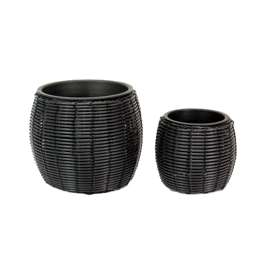 KULOS 2 Piece Set Poly Rattan Wicker Planter Pot - Black 1
