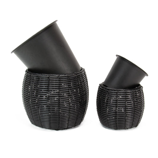 KULOS 2 Piece Set Poly Rattan Wicker Planter Pot - Black 2