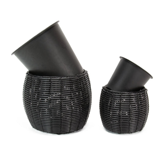 KULOS 2 Piece Set Poly Rattan Wicker Planter Pot - Black 2