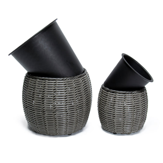 KULOS 2 Piece Set Poly Rattan Wicker Planter Pot - Grey 2