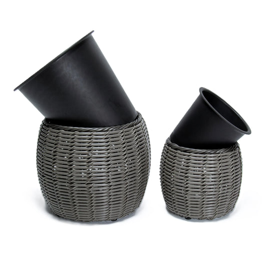 KULOS 2 Piece Set Poly Rattan Wicker Planter Pot - Grey 2