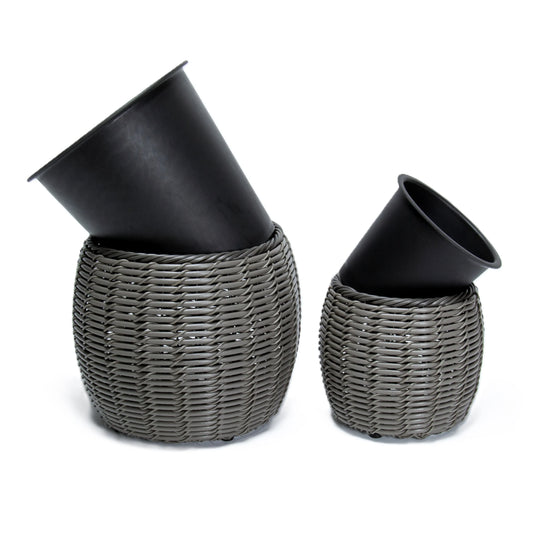 KULOS 2 Piece Set Poly Rattan Wicker Planter Pot - Grey 2