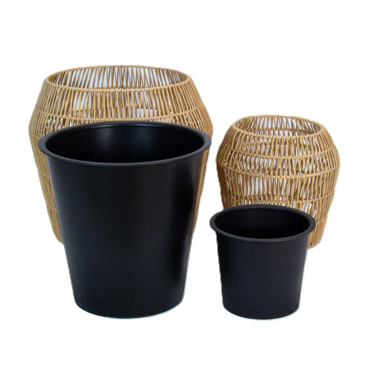 LEO 2 Piece Set Poly Rattan Wicker Planter Pot - Light Brown 2