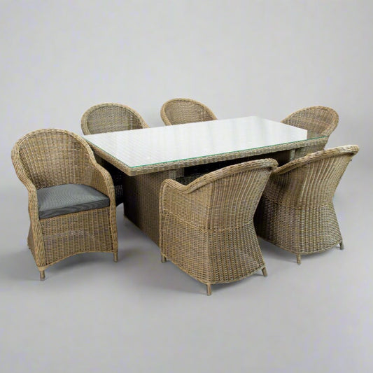 MALAWI | 6 Seater Poly Rattan Wicker Outdoor Dining Set | Natural Brown 1