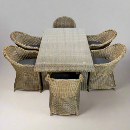MALAWI | 6 Seater Poly Rattan Wicker Outdoor Dining Set | Natural Brown 2