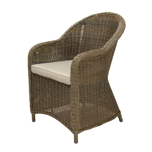 Brown wicker armchair with beige cushion, outdoor rattan furniture for patio or garden use.