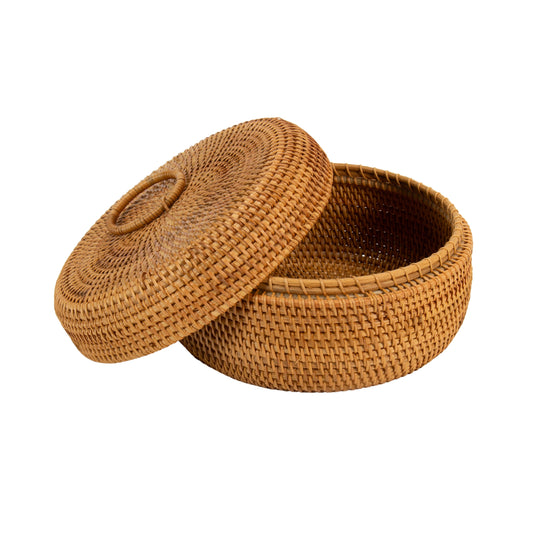 Natural Rattan Cane Handicraft Round Container with lid Brown Colour 4