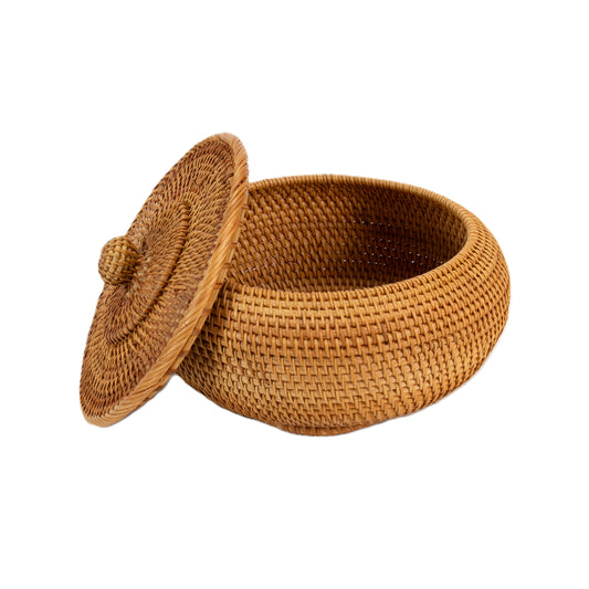 Natural Rattan Cane Handicraft Round Container with lid Brown Colour 2