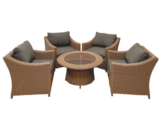 NEMAN 5-Piece Set Poly Rattan Wicker Outdoor Armchairs Coffee Table - Light Brown - Direct Factory Furniture Australia