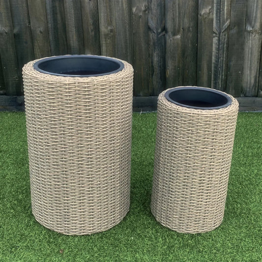 OLMO 2 Piece Set Poly Rattan Wicker Large Planter Pot - Brown - Direct Factory Furniture Australia