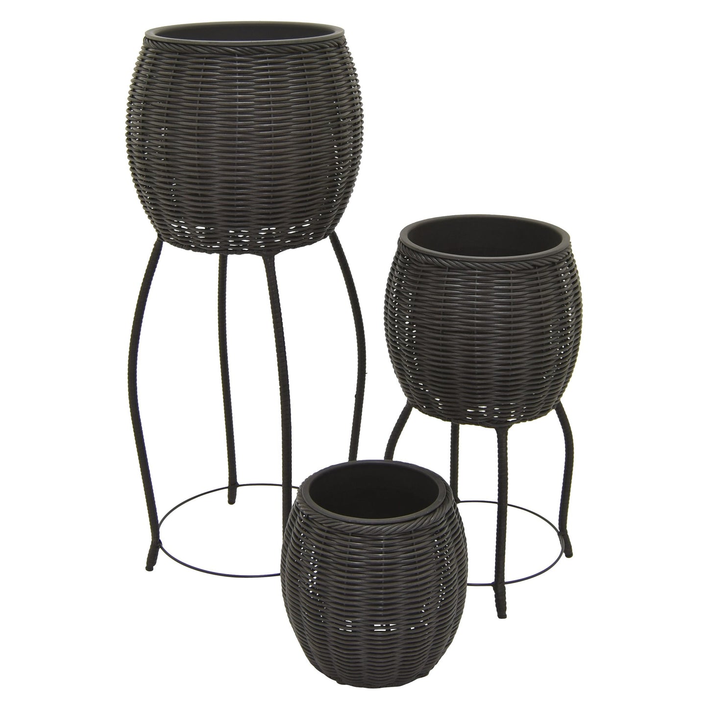 BOBOLI 3 Piece Set Round Poly Rattan Wicker Planter Pot Set - Black