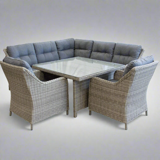 Outdoor 7 seater grey corner patio furniture lounge dining set with a sofa and glass table 2