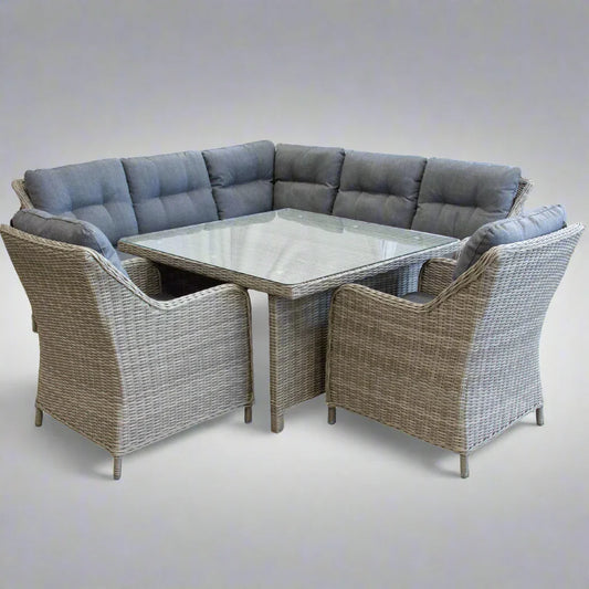 Outdoor 7 seater grey corner patio furniture lounge dining set with a sofa and glass table 2