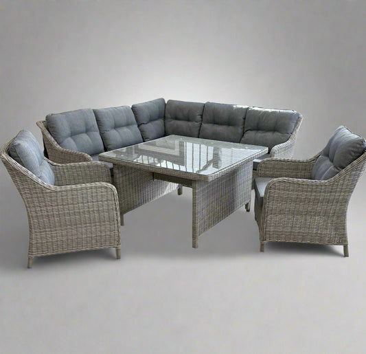 Outdoor 7 seater grey corner patio furniture lounge dining set with a sofa and glass table 1