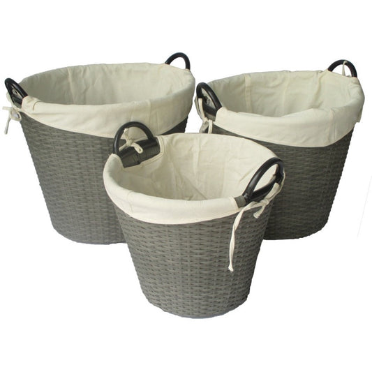 PAPUA 3-Piece Set Poly Rattan Wicker Large Basket with Fabric Lining - Grey - Direct Factory Furniture Australia