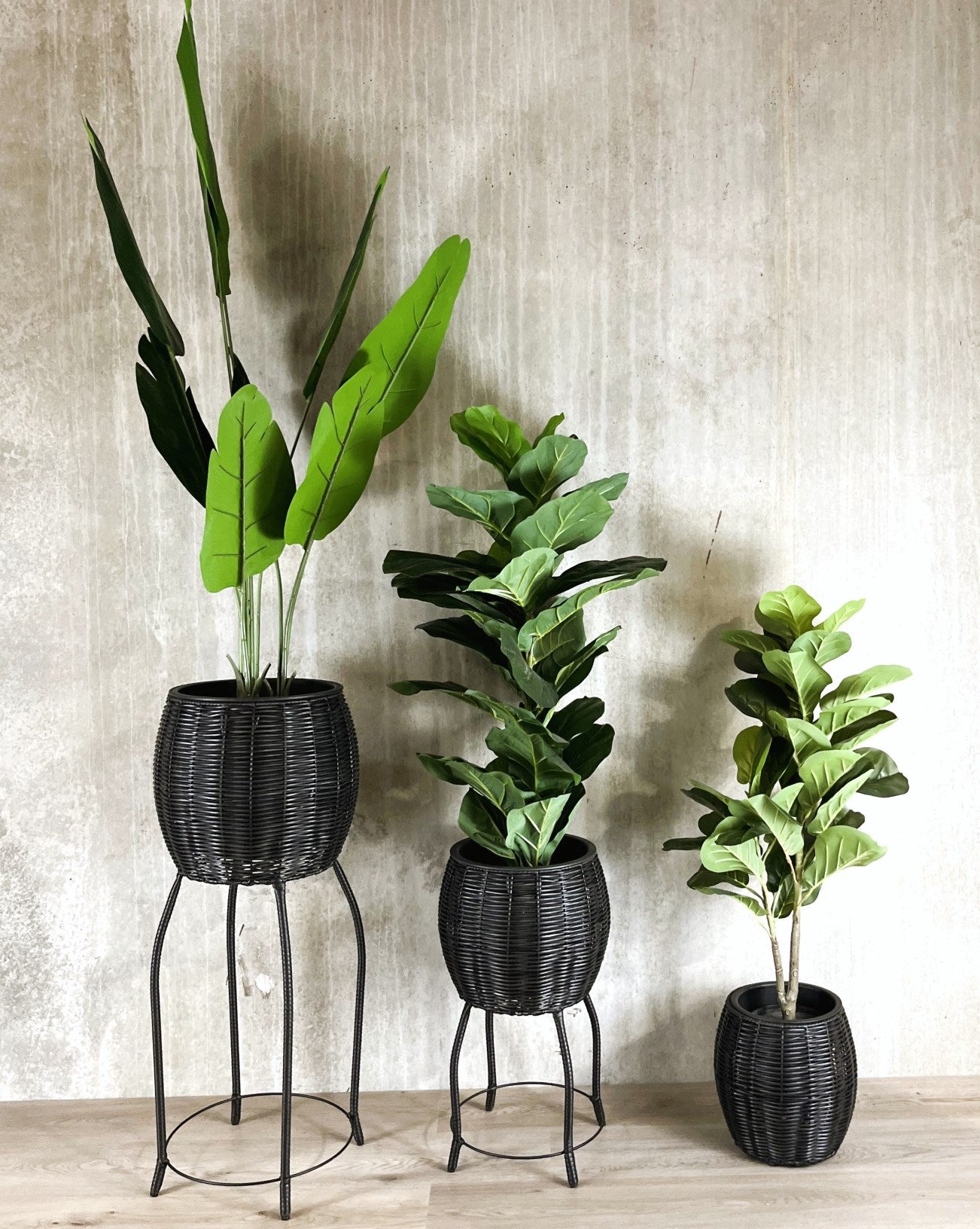 BOBOLI 3 Piece Set Round Poly Rattan Wicker Planter Pot Set - Black