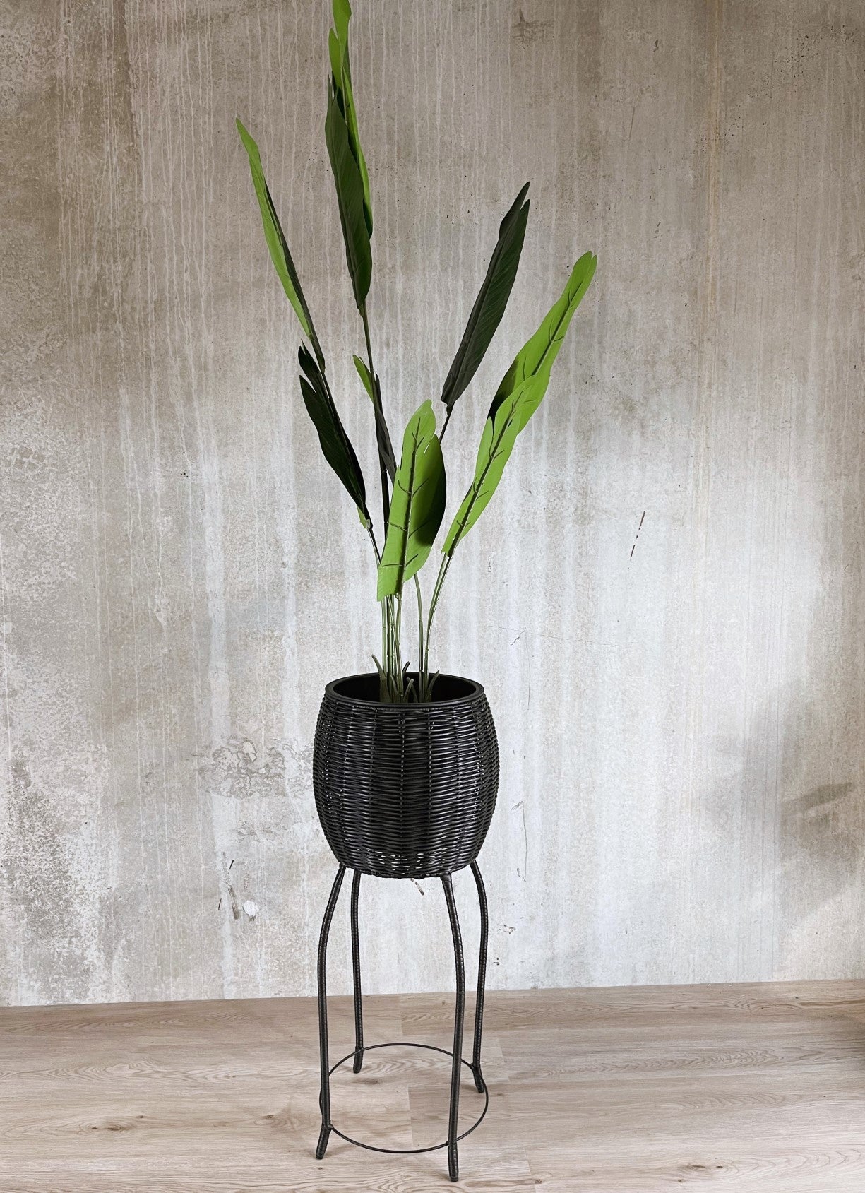 BOBOLI 3 Piece Set Round Poly Rattan Wicker Planter Pot Set - Black