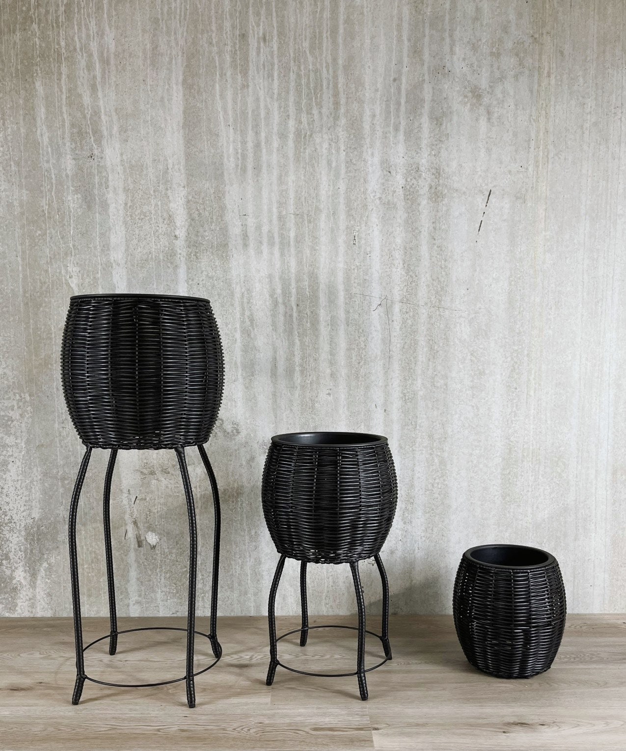 BOBOLI 3 Piece Set Round Poly Rattan Wicker Planter Pot Set - Black